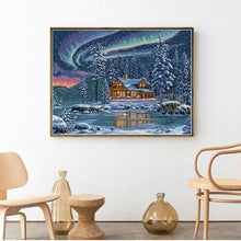 Load image into Gallery viewer, Completed cross stitch of scenic Northern Lights design