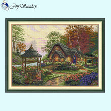 Load image into Gallery viewer, Full view of Wishing Cottage DIY cross stitch kit
