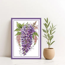 Load image into Gallery viewer, Framed Wisteria cross stitch project used as home decoration