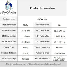 Load image into Gallery viewer, Product information table for 'Coffee Fox' embroidery kit by Joy Sunday