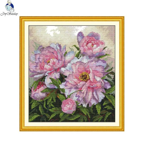 Peony Cross Stitch Kit - Floral Blossom Needlework with Printed Aida & DMC Threads