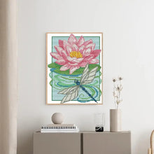 Load image into Gallery viewer, Dragonfly and Lotus Embroidery Kit - Floral Pond Nature Scene DIY Craft
