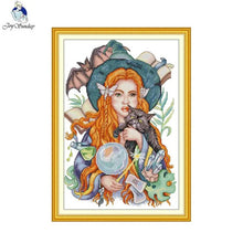 Load image into Gallery viewer, The Witch and the Black Cat Cross Stitch Kit – Halloween Embroidery Set for Beginners &amp; Adults
