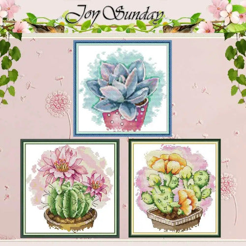 Cactus Plant Cross Stitch Kit – Counted & Stamped Floral Embroidery Needlework for Beginners