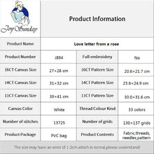 Load image into Gallery viewer, Product information table for embroidery kit with details on canvas size, pattern size, and contents.
