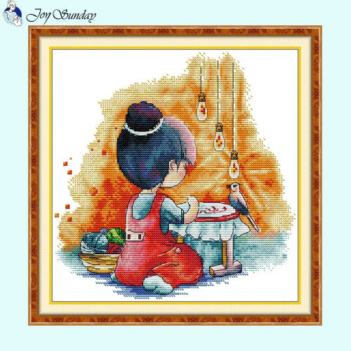 JoySunday Cartoon Girl Cross Stitch Kit - Kawaii Embroidery Set for Adults & Beginners