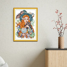 Load image into Gallery viewer, The Witch and the Black Cat Cross Stitch Kit – Halloween Embroidery Set for Beginners &amp; Adults
