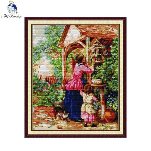 Feed The Birds Cross Stitch Kit – HD Pattern Embroidery Set with Aida Fabric & DMC Threads
