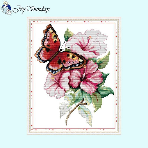 Butterfly and Pink Flower Counted Stamped Cross Stitch Kit - AIMDIY