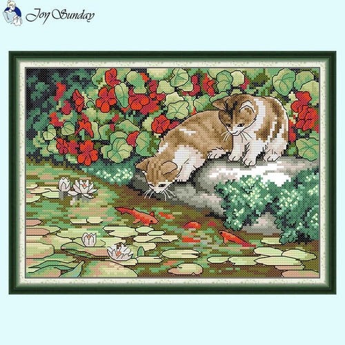 Cat and Fish Joy Sunday Cartoon Stamped Cross Stitch Kit - AIMDIY