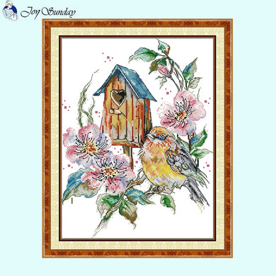 Handmade Bird's Nest Wreath Cross Stitch Embroidery with Flower and Bird Design in Wooden Hoop
