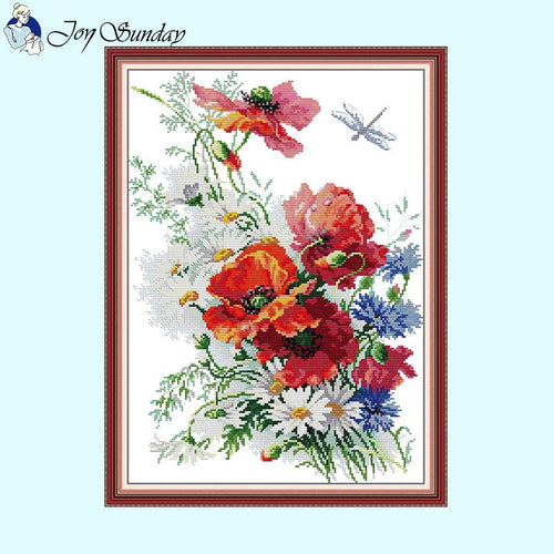 Daisies and Poppies DIY Floral Pattern Cross Stitch Kit - AIMDIY