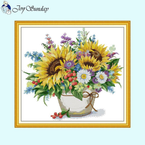 Floral Pattern Cross Stitch Sunflower and Daisy Vase - AIMDIY