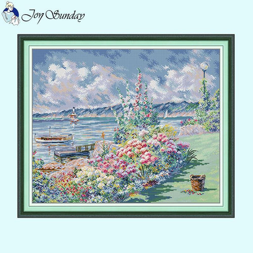 Flower Coast Oil Painting Scenic Pattern Cross Stitch Counted Kits - AIMDIY