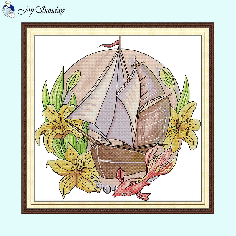 Flower Tour Floral Sailboat Pattern Cross Stitch Kits - AIMDIY