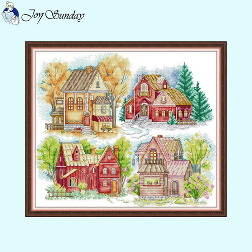 Four Seasons Colorful Cabin Pattern Cross Stitch HD Print Kit - AIMDIY