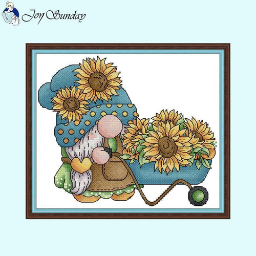 Gnome With Sunflower Cartoon Pattern Cross Stitch Kit - AIMDIY