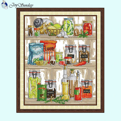 Gourmet cabinet holiday cross stitch kit with pre-printed fabric for beginners