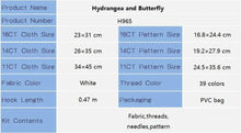 Load image into Gallery viewer, Product specifications table for Hydrangea and Butterfly fabric kit with dimensions and details.
