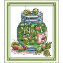 Load image into Gallery viewer, Cross-stitched design of a jar with pickled vegetables on a white background
