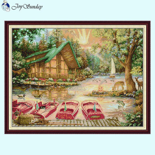 River House and Boat Landscape Cross Stitch Kits - AIMDIY