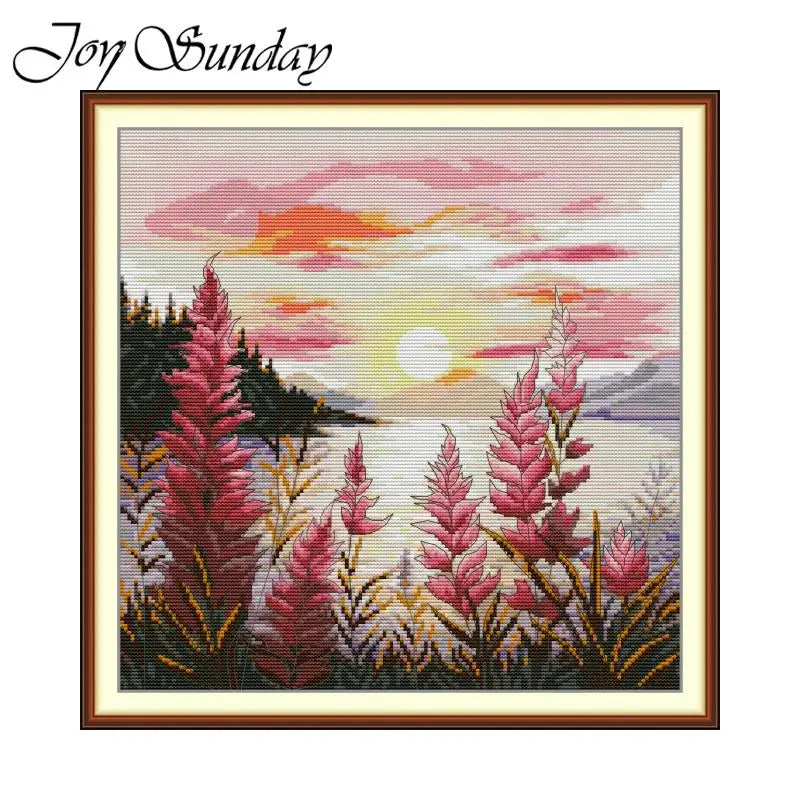 Joy Sunday Sunset Landscape Cross Stitch Kit – Printed 11CT/14CT/16CT Aida for DIY Embroidery & Home Decor