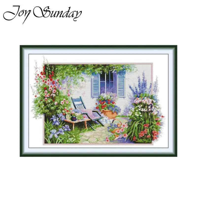Joy Sunday A Courtyard Cross Stitch Kit – Printed Aida 11CT/14CT/16CT HD Pattern DIY Embroidery Set