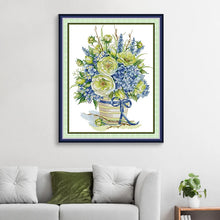 Load image into Gallery viewer, Blue Hydrangea Basket Embroidery Kit - Floral Arrangement DIY Cross Stitch Set
