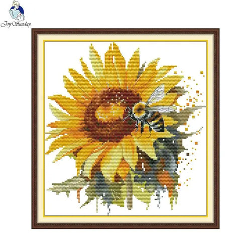 Vintage sunflowers and bees cross stitch pattern on printed 14-count aida cloth with DMC embroidery threads from aimdiy