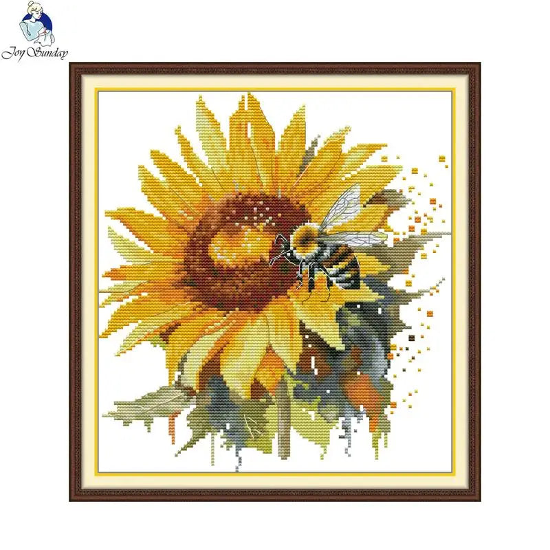 Vintage sunflowers and bees cross stitch pattern on printed 14-count aida cloth with DMC embroidery threads from aimdiy