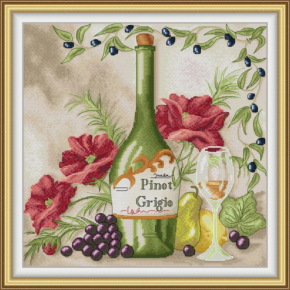 White Wine Cross Stitch Kit – Counted 11CT/14CT/16CT Aida Fabric DIY Embroidery for Kitchen or Wine Decor