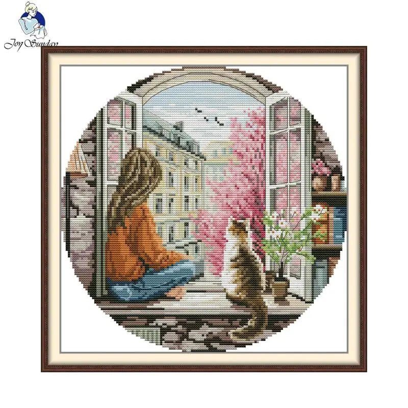 Spring Window Cross Stitch Kit – Joy Sunday Printed Aida DIY Embroidery (11CT/14CT/16CT)