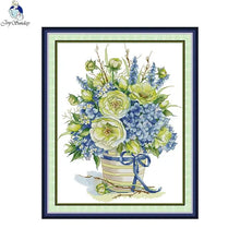 Load image into Gallery viewer, Blue Hydrangea Basket Embroidery Kit - Floral Arrangement DIY Cross Stitch Set
