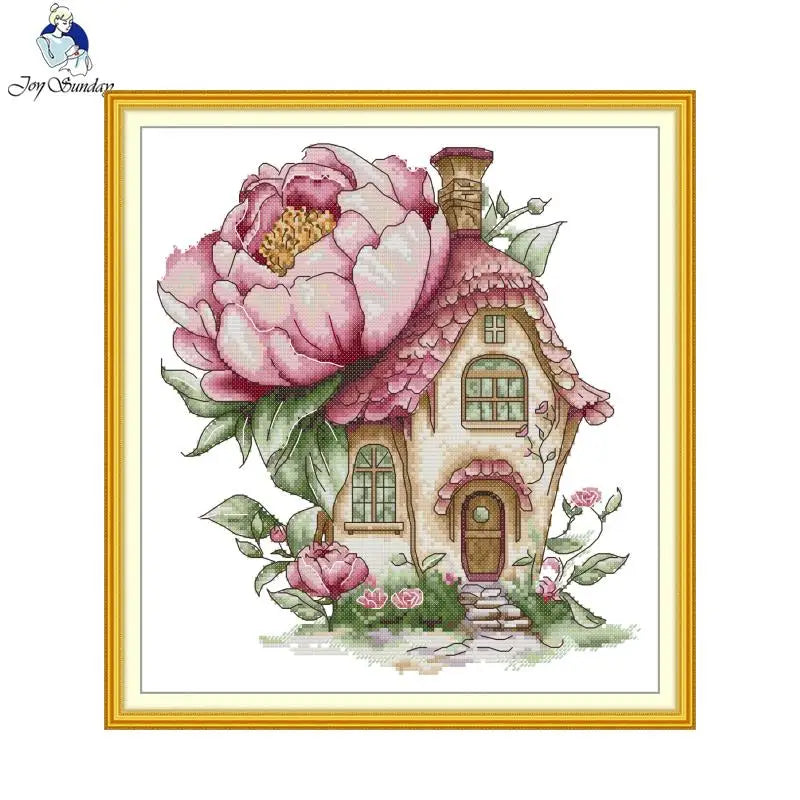 Joy Sunday Peony Daisy Cottage Cross Stitch Kit – Printed Aida 11CT/14CT/16CT HD Pattern Embroidery Set