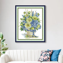 Load image into Gallery viewer, Blue Hydrangea Basket Embroidery Kit - Floral Arrangement DIY Cross Stitch Set
