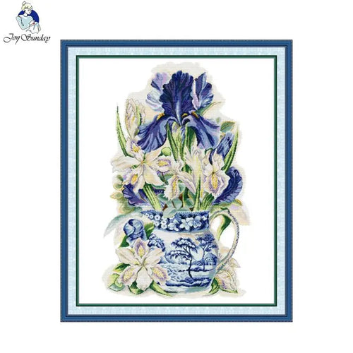 Iris and celadon embroidery kit showing traditional Chinese floral pattern on printed canvas