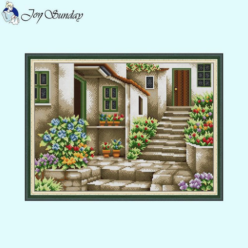 Stone Staircase Flower Scenery Cross Stitch DIY Hand Embroidery Kit - AIMDIY