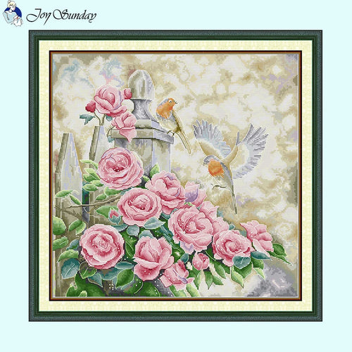 Summer garden flower bird embroidery kit showing floral and bird design on printed canvas