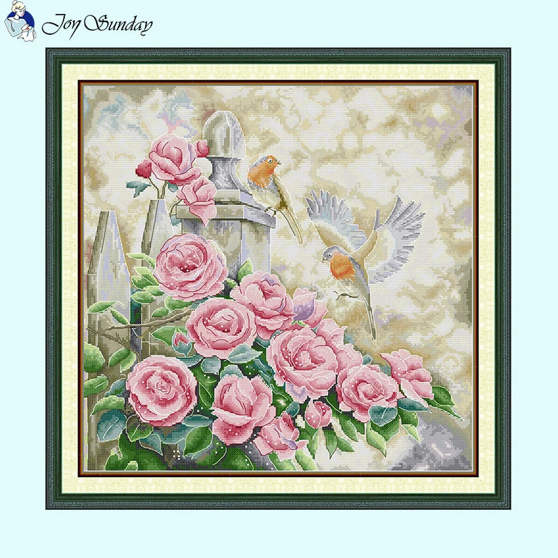 Summer garden flower bird embroidery kit showing floral and bird design on printed canvas