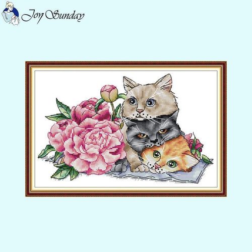 Three Kittens With Flowers Animals Patterns Cross Stitch     Counted - AIMDIY