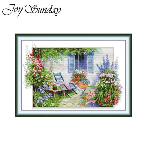 Joy Sunday A Courtyard cross stitch kit with printed Aida and HD garden courtyard embroidery design