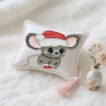 Load image into Gallery viewer, Little Mouse with A Christmas Hat Cross Stitch Pin Cushion Kit – DIY Embroidery with PP Cotton Filling | 16×15 cm Cute Holiday Craft Kit
