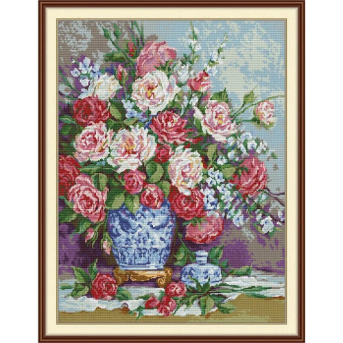 Her Majesty's Roses embroidery kit showing elegant rose floral pattern on printed canvas