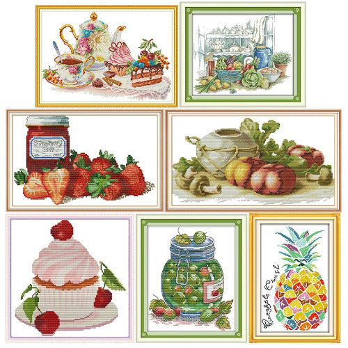 Set of cross-stitch patterns featuring food and kitchen-themed designs.