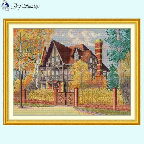 DIY Autumn Courtyard Scenic Cross Stitch Kit with Fall Patterns for Beginners