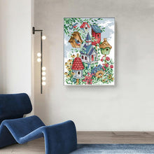 Load image into Gallery viewer, Colorful illustration of birdhouses and flowers on a wall in a room with a blue chair.
