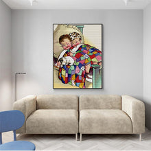 Load image into Gallery viewer, Colorful patchwork quilt with children and a dog on a wall in a living room.

