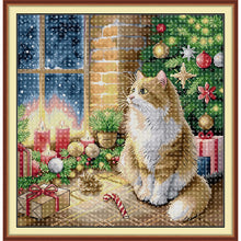 Load image into Gallery viewer, Joy Sunday Pre-printed Cross Stitch Kit  Easy Pattern Aida  Stamped Fabric Embroidery Set-Christmas Kitty - AIMDIY
