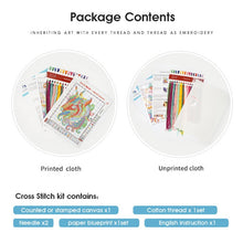 Load image into Gallery viewer, Package contents of a cross-stitch kit with printed and unprinted cloth options.
