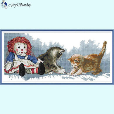 Cats and Dolls Cross Stitch Kit – Cute Animal Embroidery Pattern